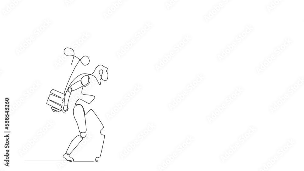 Poster animated self drawing of continuous line draw robot carrying heavy big lightbulb. future technology 