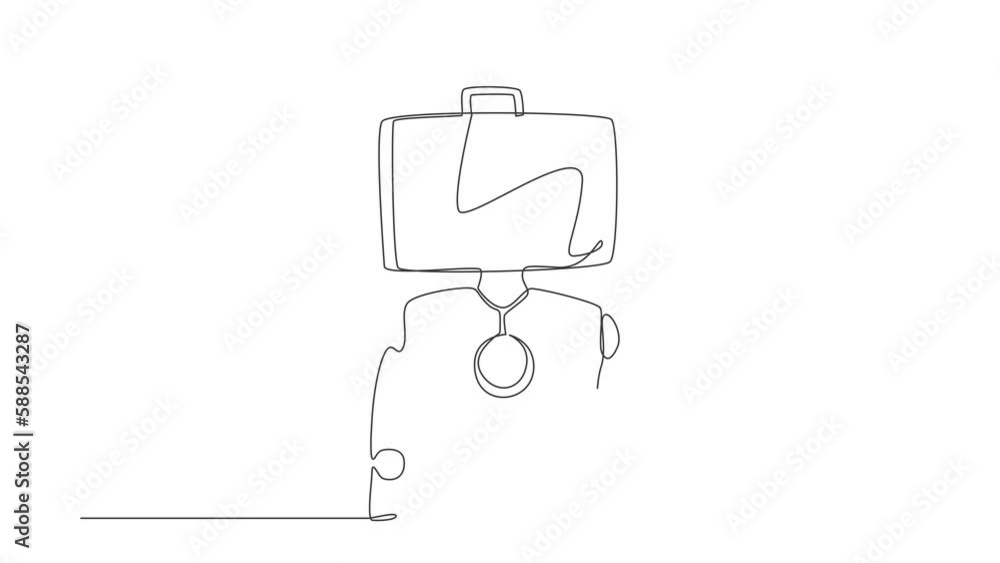 Poster animated self drawing of continuous line draw robot with briefcase instead of head. future technolog