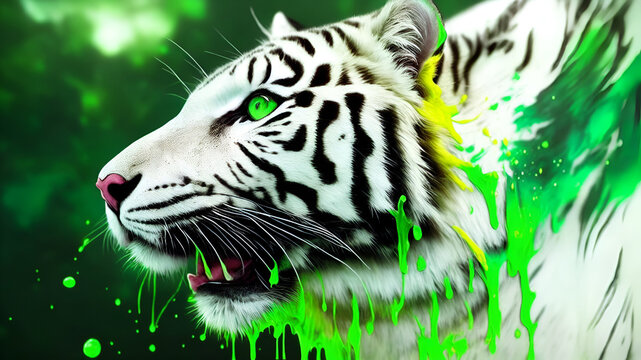 White Tiger Dripping with Green Splash Paint