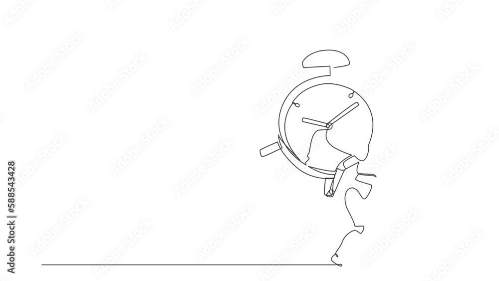 Poster animated self drawing of continuous line draw robots standing carry heavy huge alarm clock. humanoid