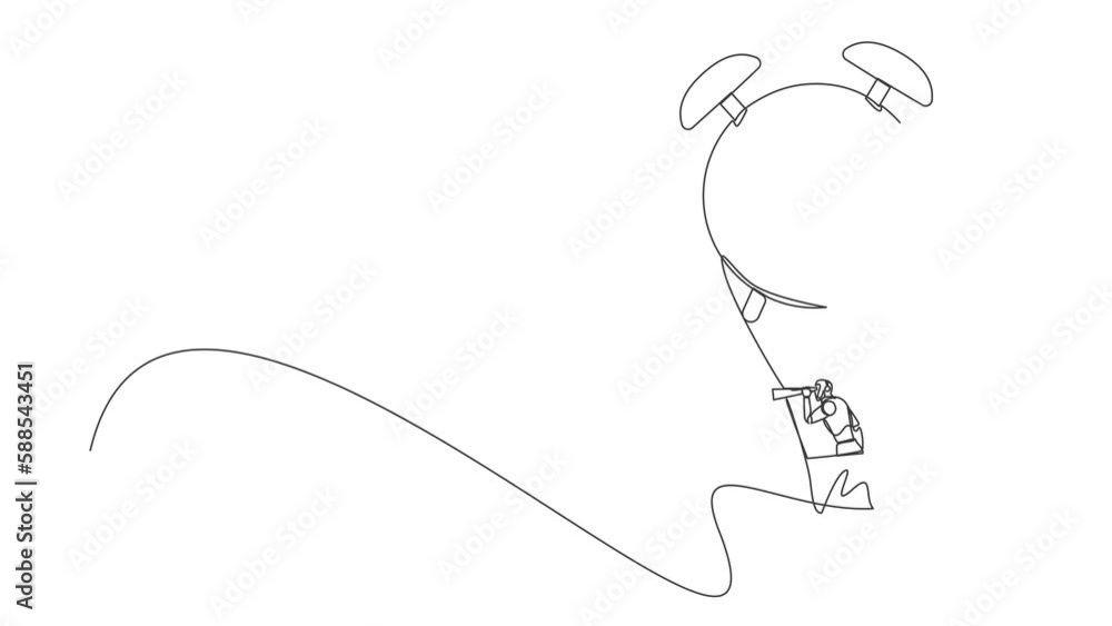 Poster self drawing animation of single line draw robots in air balloon with alarm clock looking with teles