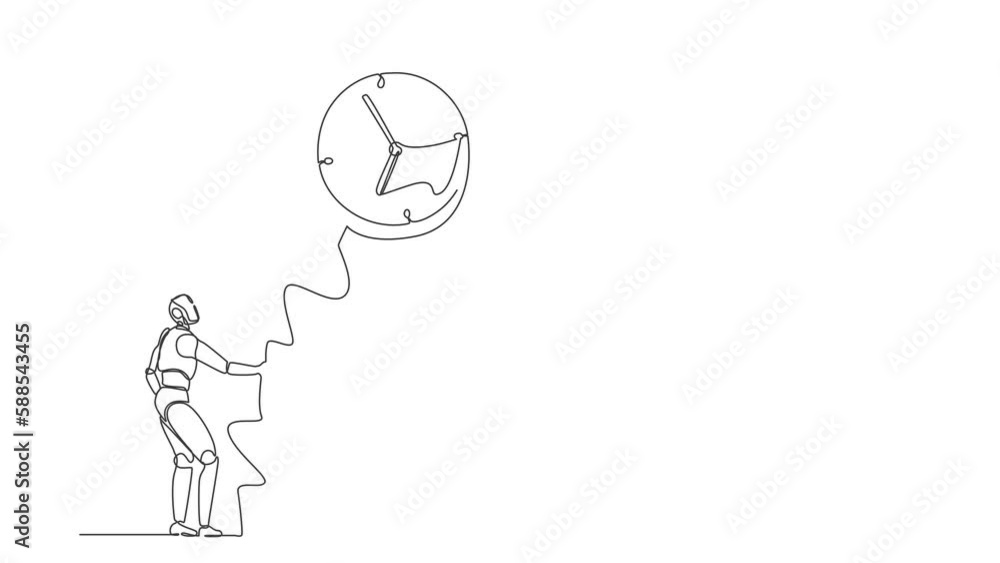 Poster animated self drawing of continuous line draw robots holding flying big alarm clock balloon with rop