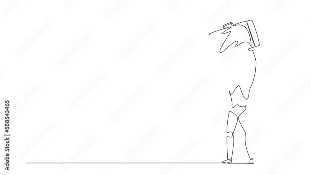 Poster self drawing animation of single one line draw robot standing lifting up briefcase. future developme