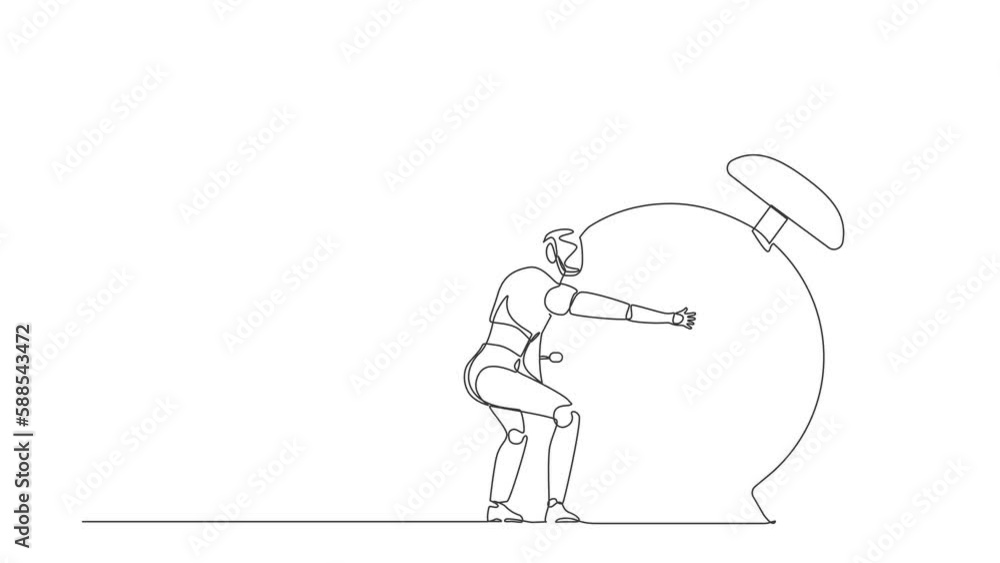 Poster animated self drawing of continuous one line draw robots hugging huge alarm clock. modern robotics a