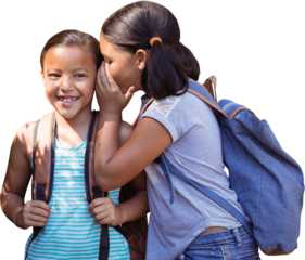 Girl with backpack whispering in friend ear