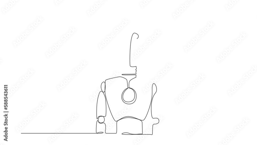 Poster self drawing animation of single one line draw robot with light bulb instead of head. future develop