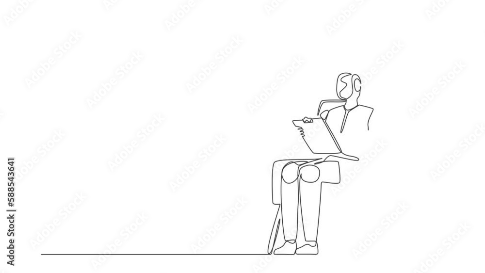 Poster animated self drawing of continuous line draw robots sitting writing on clipboard. modern robotics a