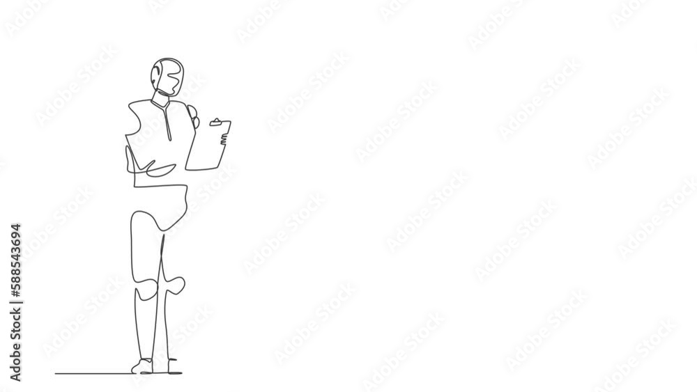 Poster self drawing animation of single line draw robot standing writing on clipboard. future technology de