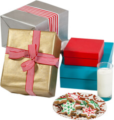 Close-up of milk and sweet food in plate with wrapped gift