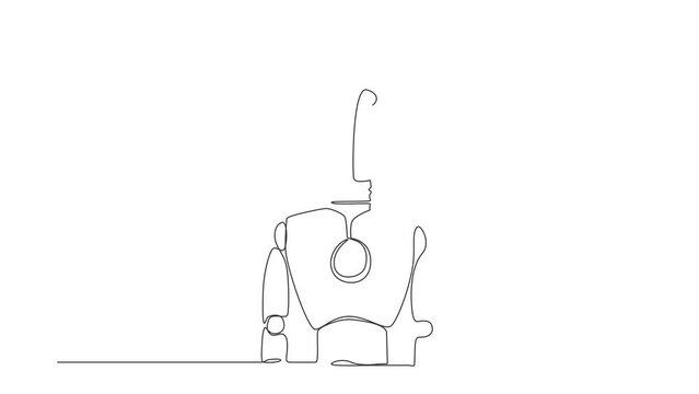 Self drawing animation of single one line draw robot with light bulb instead of head. Future development. Artificial intelligence and machine learning process. Continuous line. Full length animated