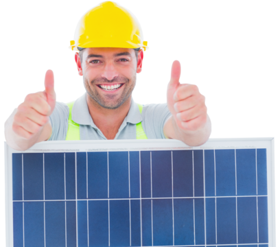Smiling handyman with solar panel gesturing thumbs up