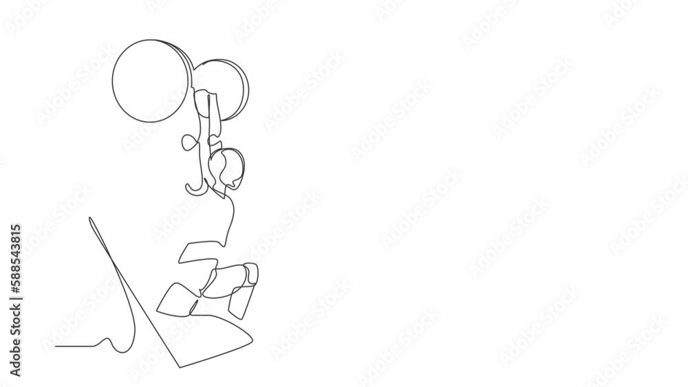 Poster animated self drawing of continuous one line draw robots come out from cellular phone with weightlif