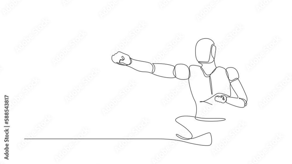 Poster self drawing animation of single one line draw robot come out from cellular phone with fist punch po