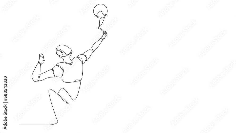Poster self drawing animation of single one line draw robot come out from cellular phone, doing smash volle