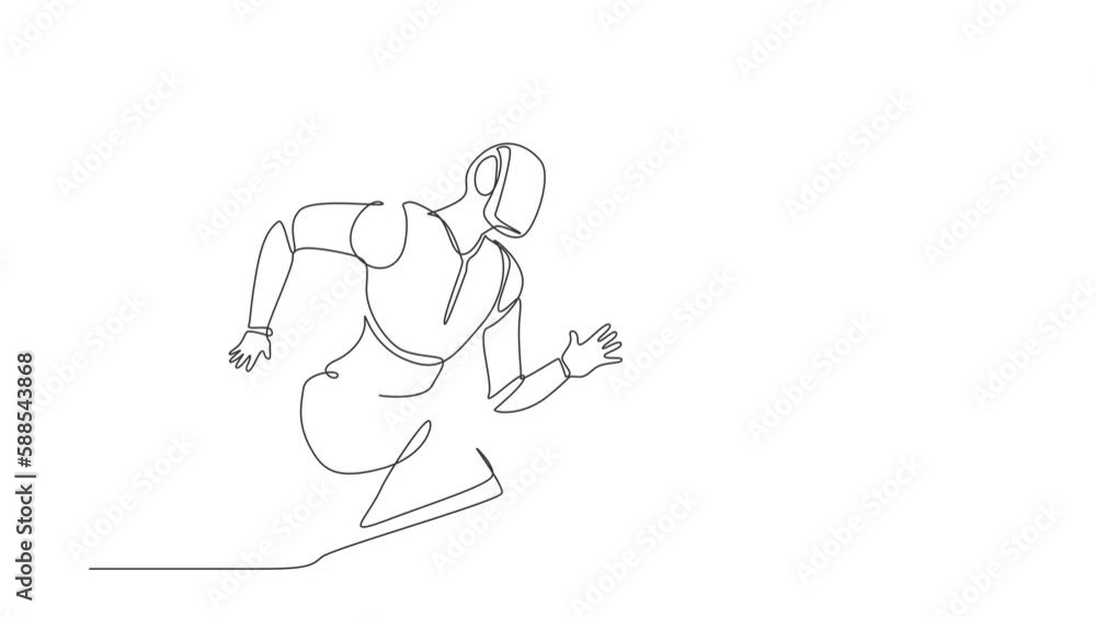 Poster animated self drawing of continuous line draw robots come out from cellular phone, runner pose. mode