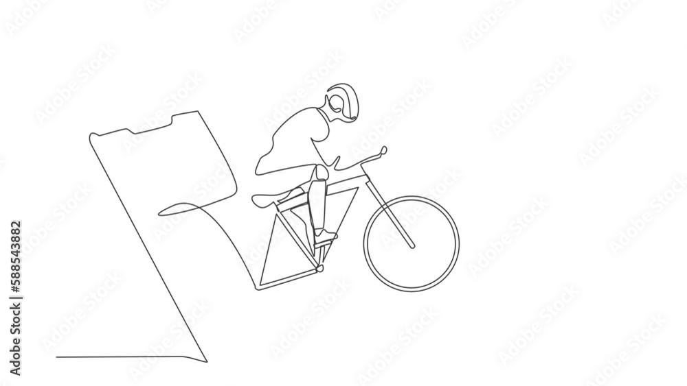 Poster animated self drawing of continuous line draw robots come out from cellular phone, pedaling road bik