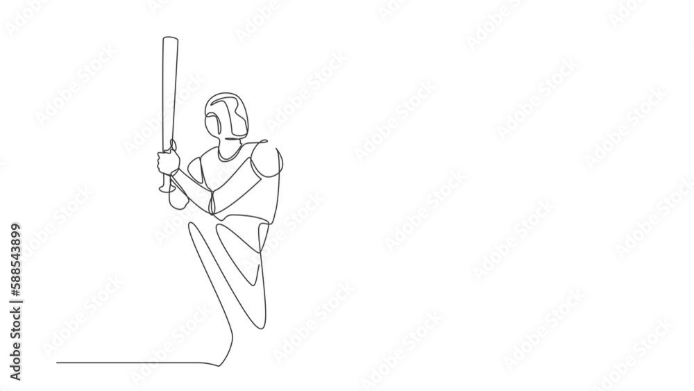 Poster animated self drawing of continuous one line draw robot come out from cellular phone with baseball p