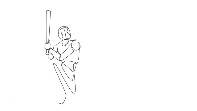 Animated self drawing of continuous one line draw robot come out from cellular phone with baseball player pose. Humanoid robot cybernetic organism. Future robotic. Full length single line animation