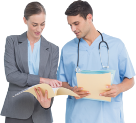 Male and female doctors discussing over reports