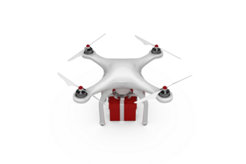 High angle view of quadcopter with red gift box