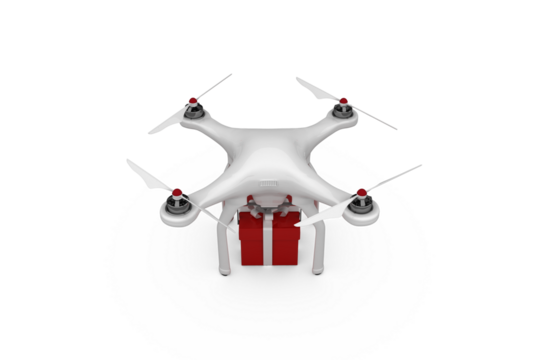 High angle view of quadcopter with red gift box