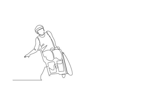 Animated self drawing of continuous one line draw athlete playing basketball in wheelchair. Man with paralyzed legs training. Person with disability doing sports. Full length single line animation