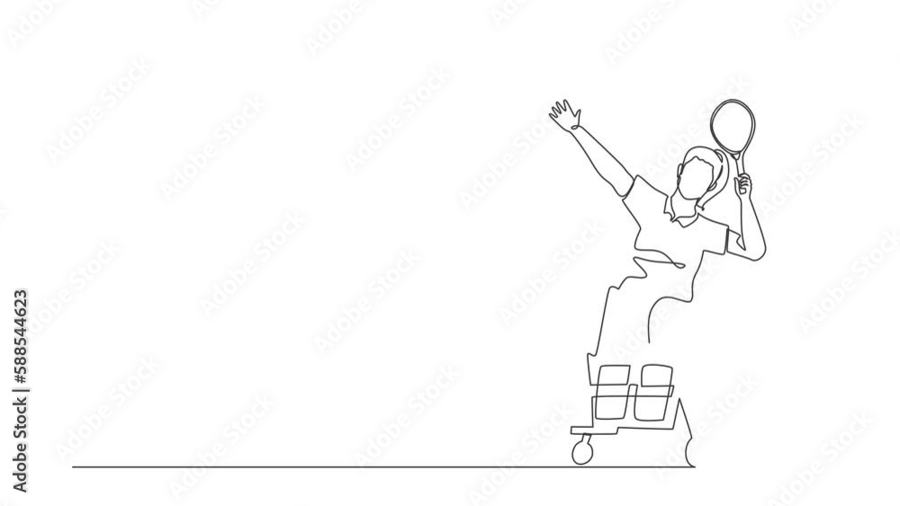 Aufkleber self drawing animation of single line draw badminton player sitting on wheelchair with pose. disable