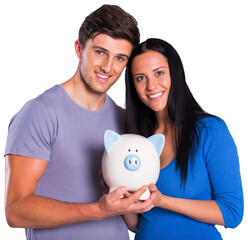 Young couple holding a piggy bank