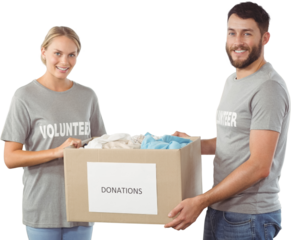 Portrait of smiling volunteer holding clothes donation box 