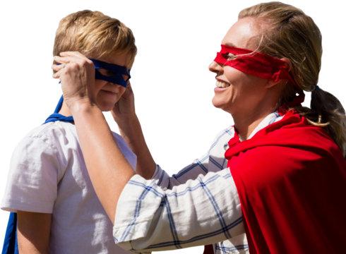 Mother and son pretending to be superhero
