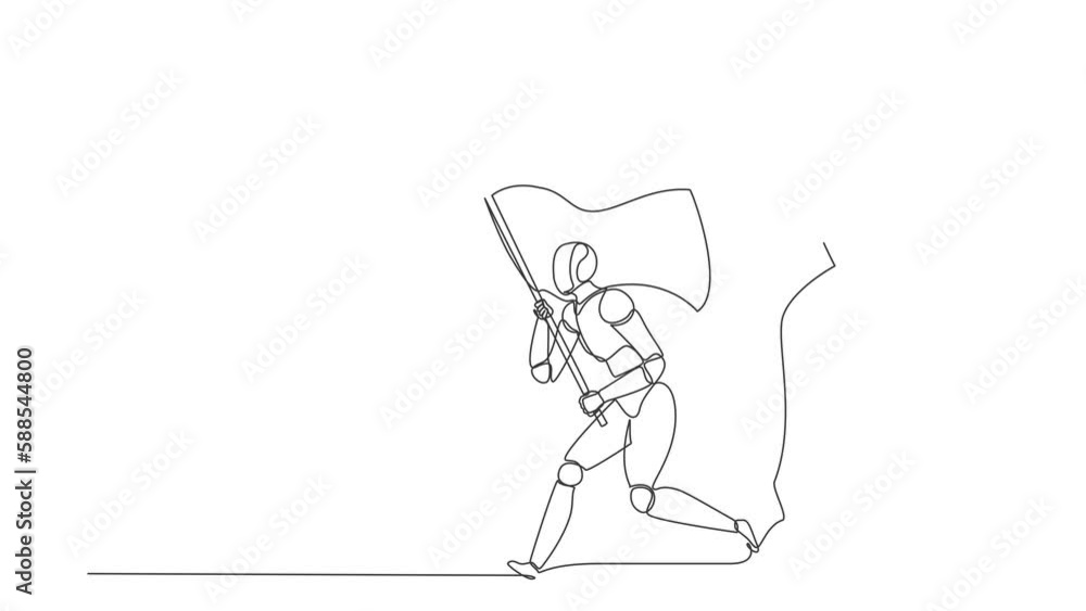Poster animated self drawing of continuous line draw robots running holding flag beside big rook chess piec
