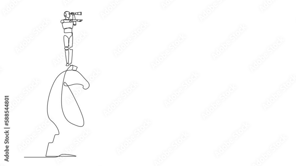 Poster animated self drawing of continuous line draw robots on top of big horse chess piece using binocular
