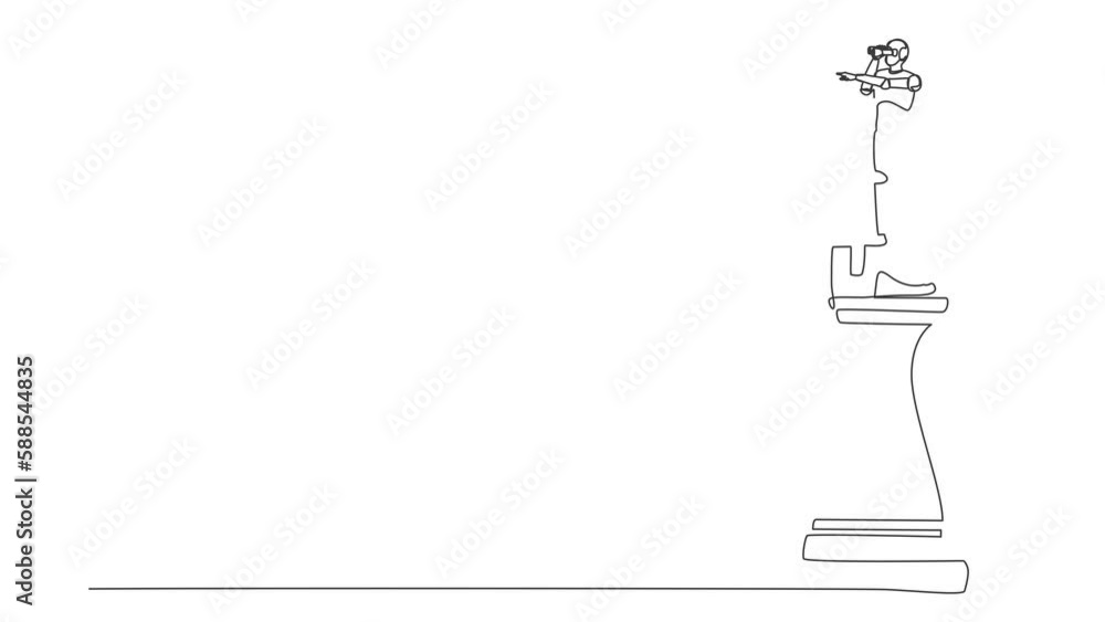 Poster self drawing animation of single one line draw robot on top of big rook chess piece using monocular.