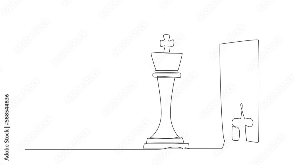 Poster animated self drawing of continuous line draw robots standing in front of mirror, reflecting chess k
