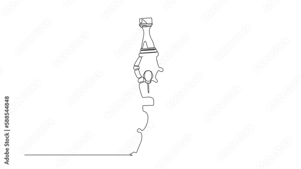 Poster animated self drawing of continuous line draw robot standing and lifting up rook chess piece. humano