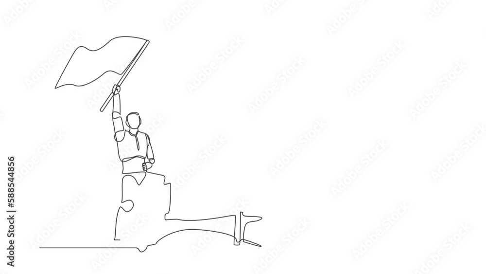 Poster animated self drawing of single continuous line draw robots holding flag and defeat chess king. mode