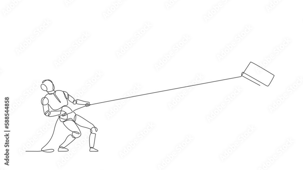 Poster self drawing animation of single line draw robot pulling big rook chess with rope. future technology