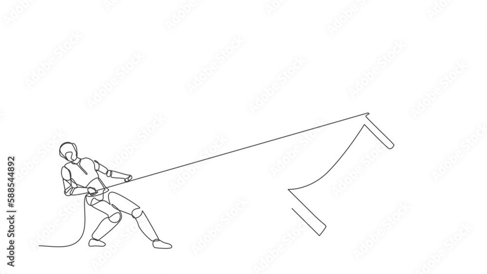 Poster animated self drawing of continuous line draw robots standing and pulling big king chess with rope. 