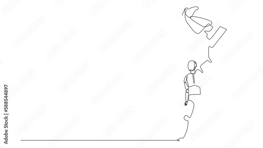 Poster animated self drawing of continuous line draw robot lifting up knight chess piece. modern robotics a