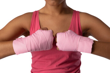 Woman standing for breast cancer awareness against white background