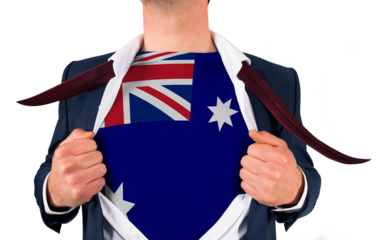 Businessman opening shirt to reveal australia flag