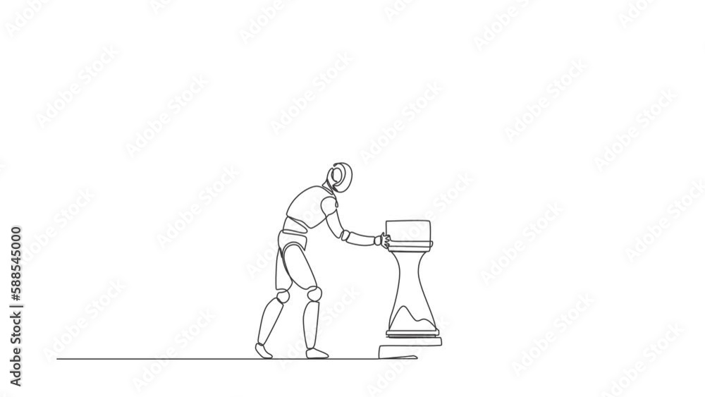 Poster animated self drawing of continuous line draw robots push rook chess piece to take down king. modern