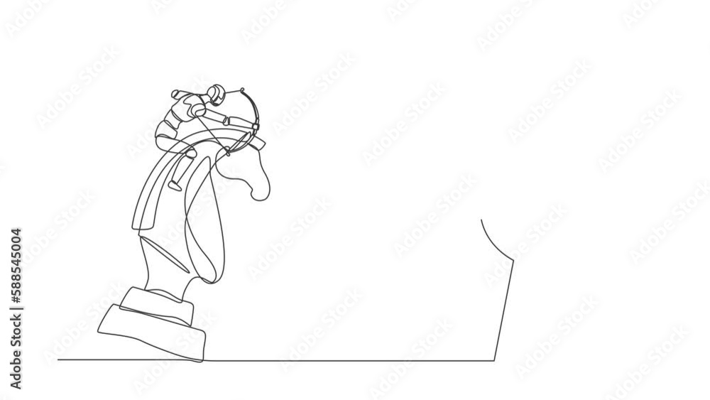 Poster self drawing animation of single one line draw robot holding archery aiming target while riding ches