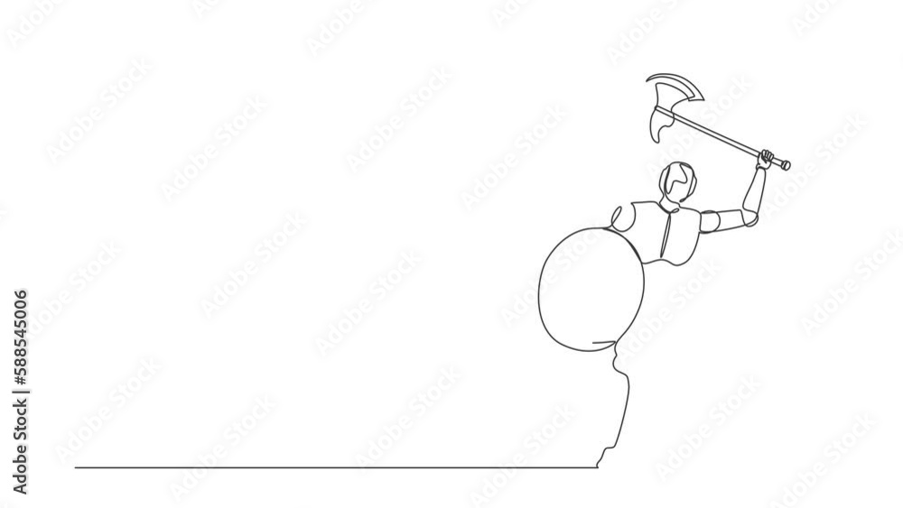 Poster animated self drawing of continuous line draw robot with axe and shield furiously attacks. modern ro