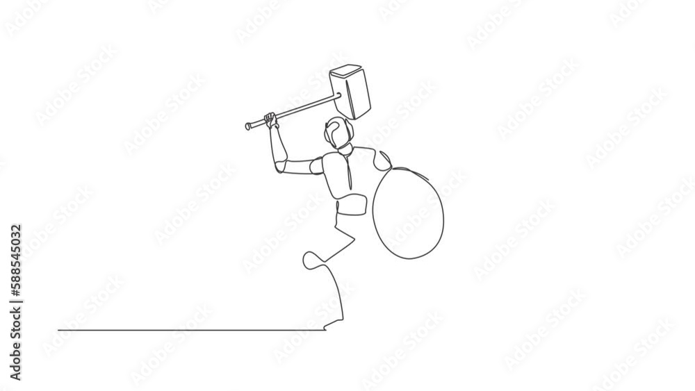 Poster self drawing animation of single line draw robot with hammer shield furiously attack. future technol