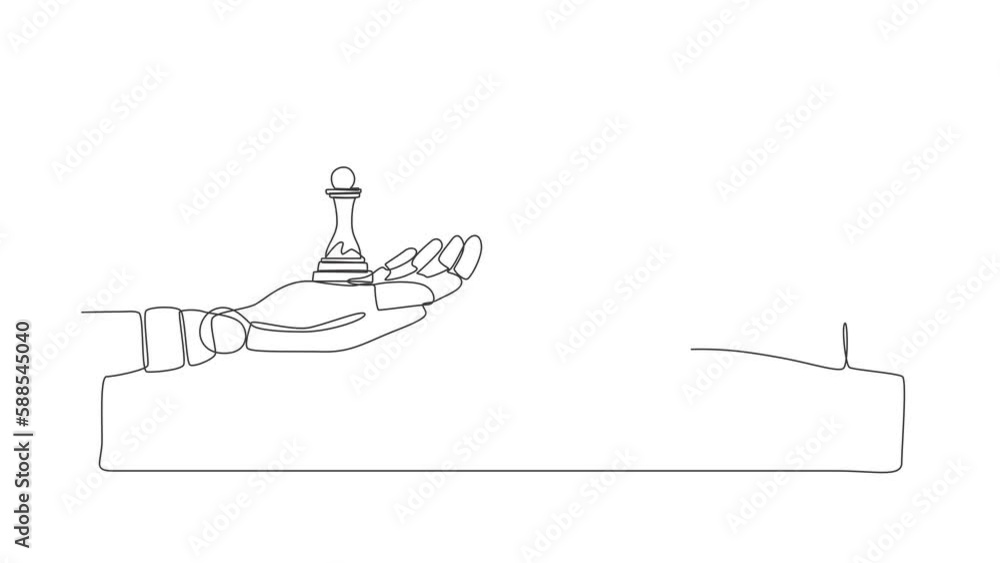 Poster animated self drawing of continuous line draw robots hands with pawn and rook chess pieces. modern r