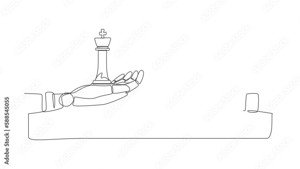Poster animated self drawing of continuous line draw robots hands with king and horse chess pieces. modern 