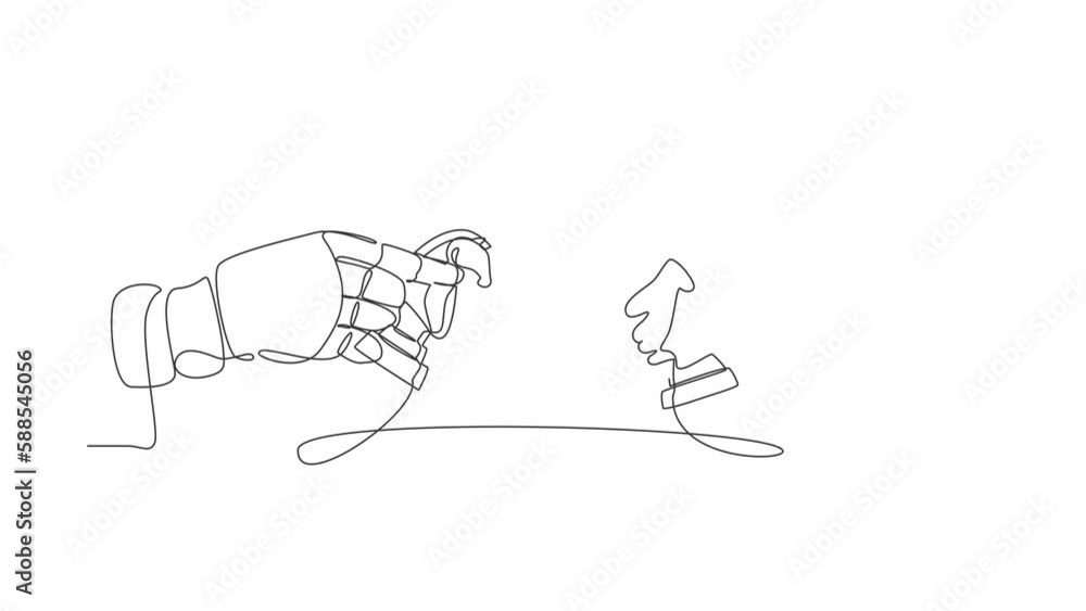 Poster self drawing animation of single one line draw robot hands holding rook chess piece the other hand t