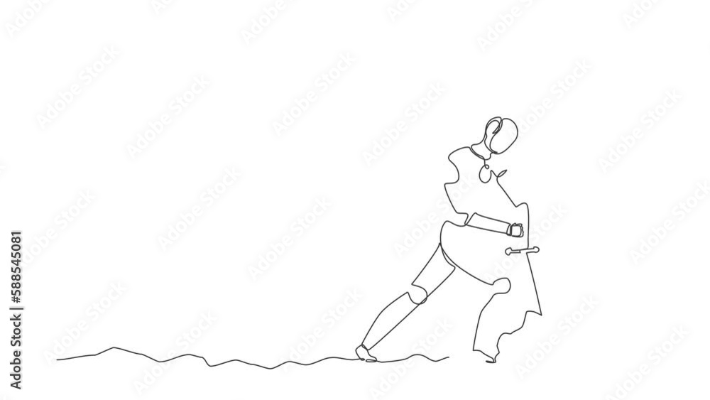 Poster self drawing animation of single one line draw robot tries to draw stuck excalibur sword from stone.