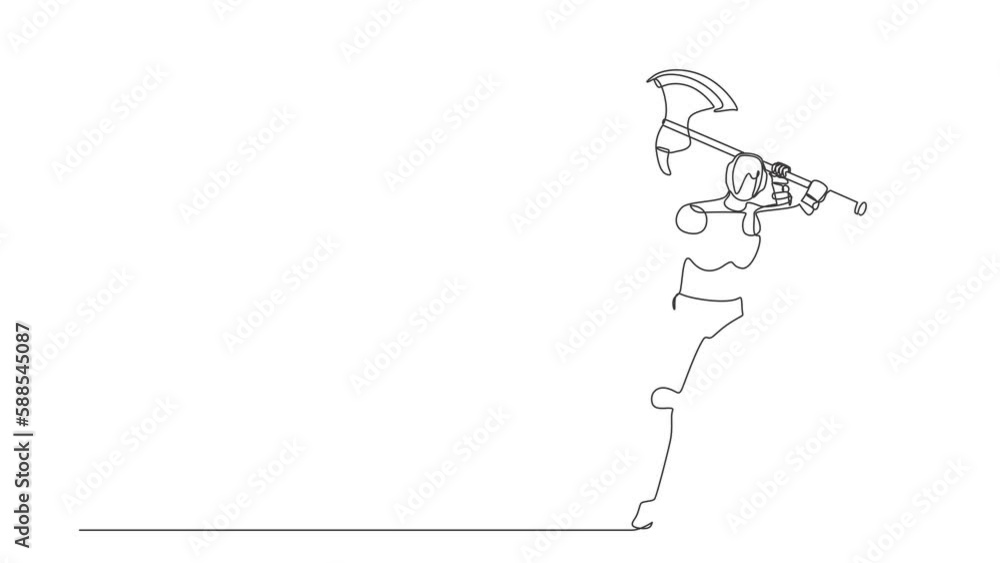 Poster animated self drawing of continuous line draw robot standing and swinging big axe. modern robotics a